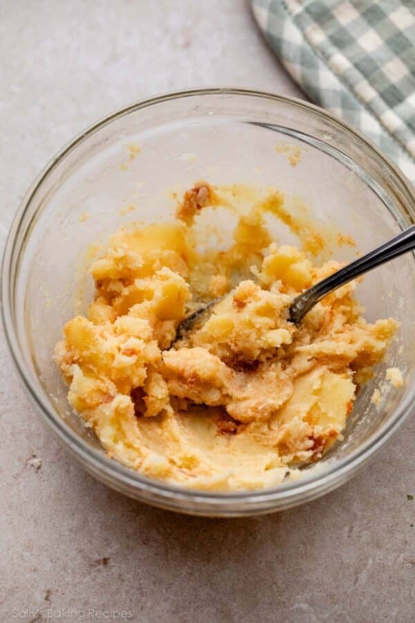 solidified browned butter in glass bowl.