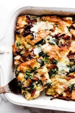 overhead photo of spinach bacon egg breakfast strata