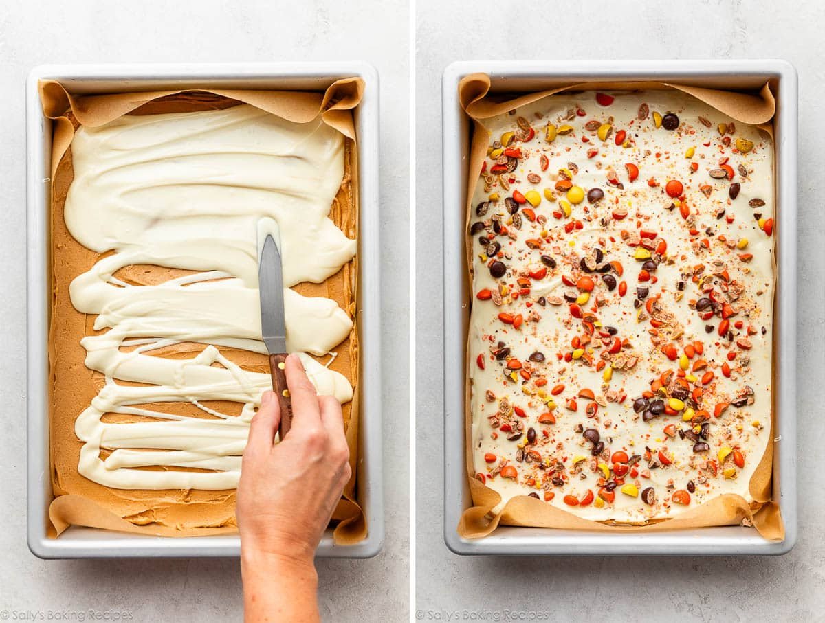 hand spreading melted white chocolate in pan and shown again with chopped peanut butter candies on top.