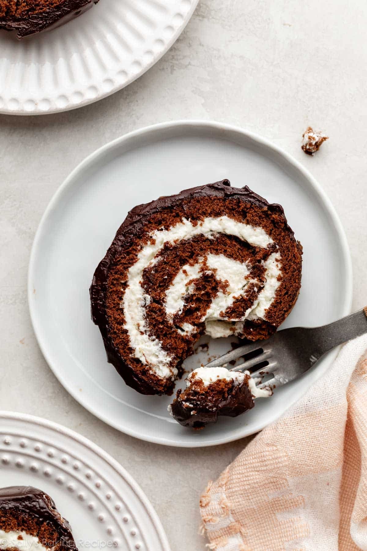 slice of chocolate cake roll on white plate with fork.