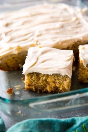 slice of banana cake in a glass baking dish