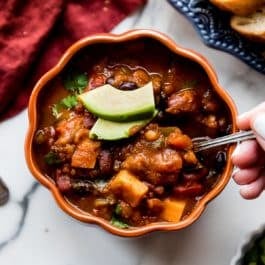 pumpkin chili in pumpkin bowl