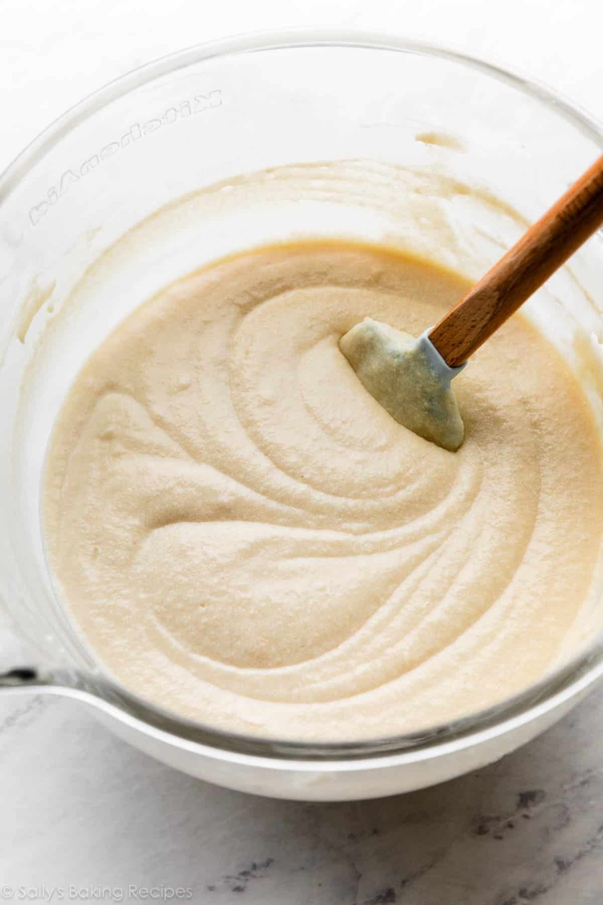 cake batter in glass bowl.