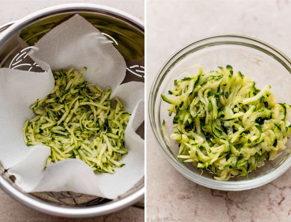 zucchini in strainer and shown again in small glass bowl.